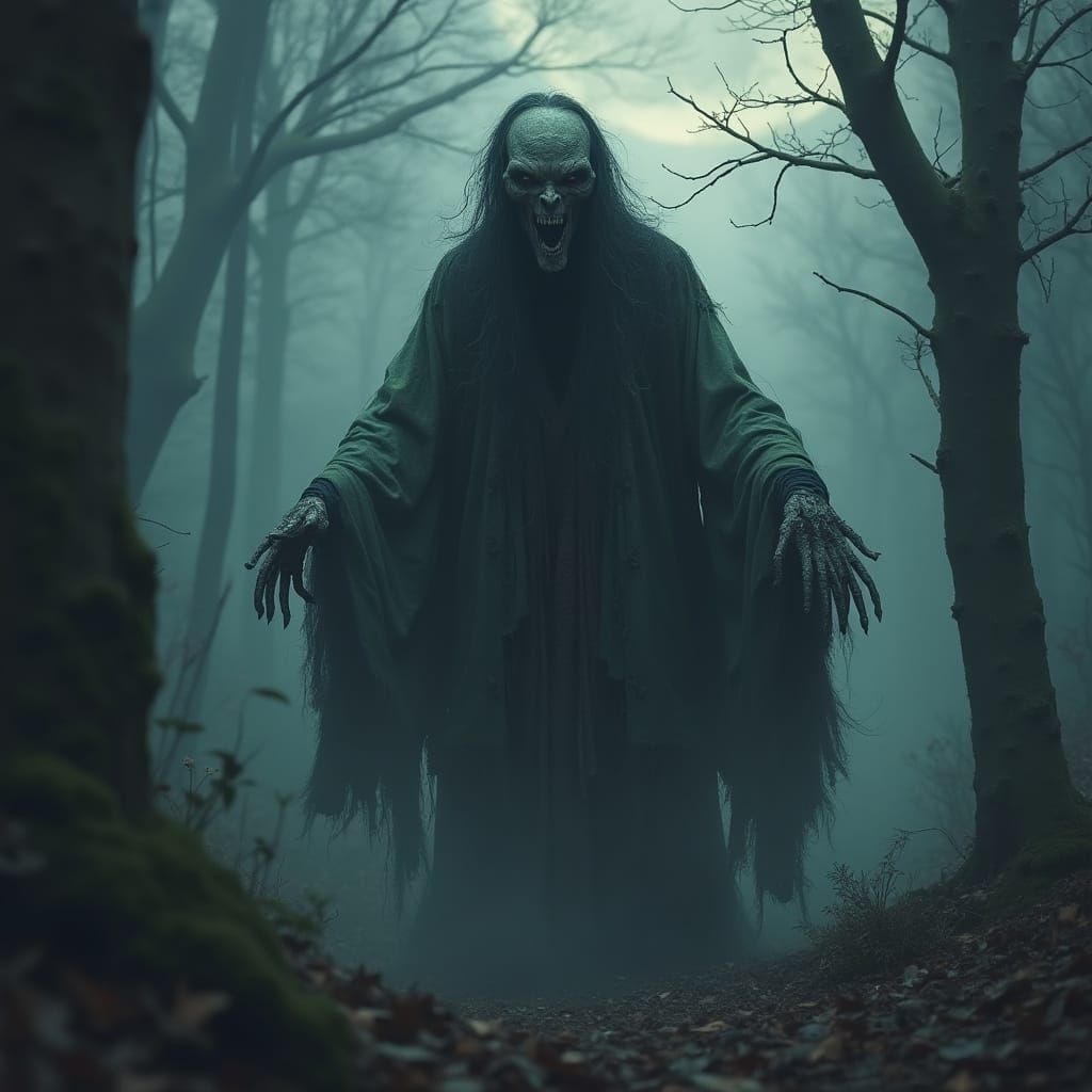 Ancient Chinese Jiangshi in Misty Forest