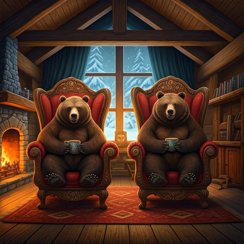 Cozy Bears in Cabin as Fantasy Concept Art