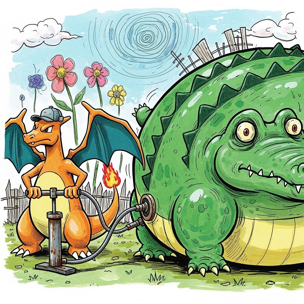 Charizard Inflates Giant Alligator in Whimsical Illustration