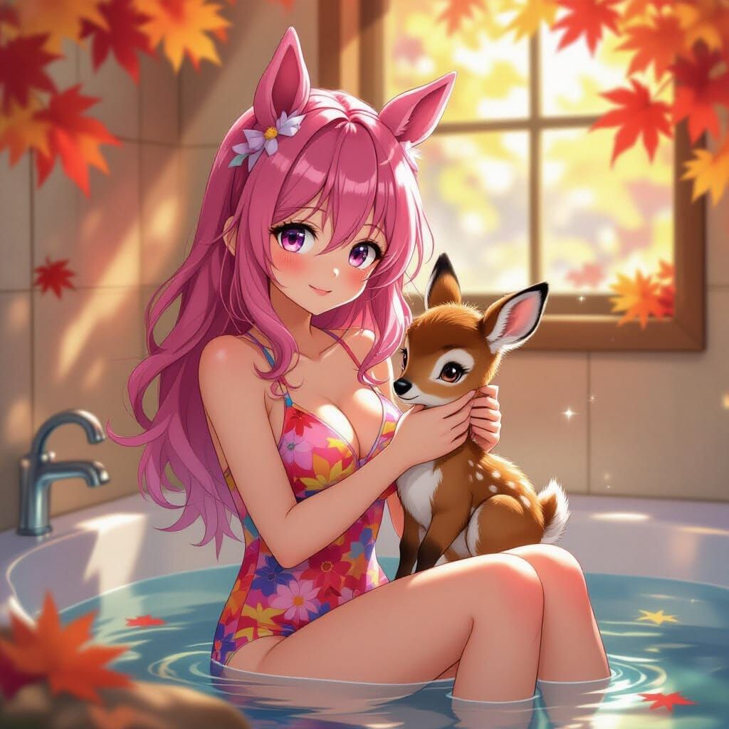 Anime Girl with Horse Ears and Fawn in Autumn Bathroom