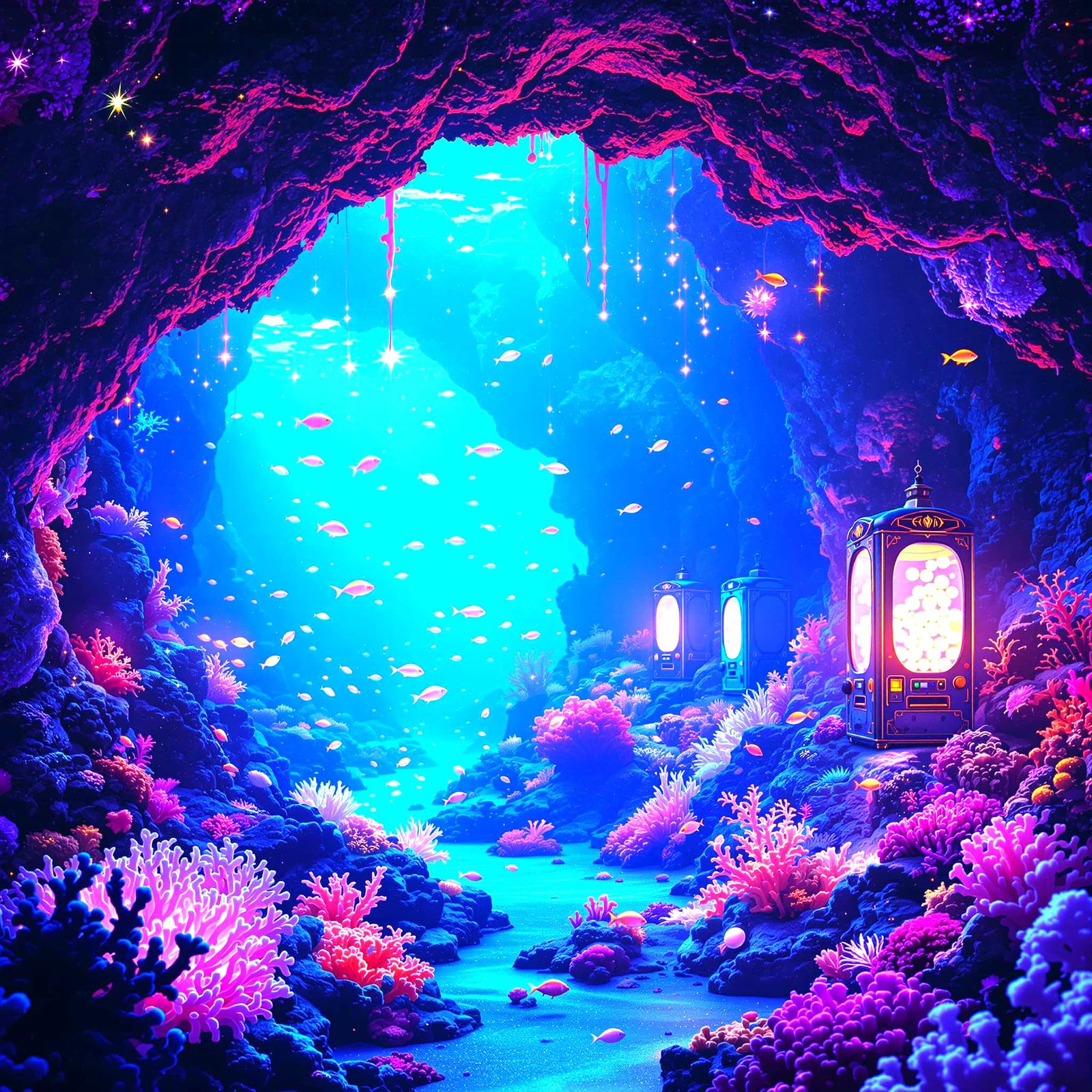 Dreamlike Underwater Reef with Bioluminescent Life and Vendi...