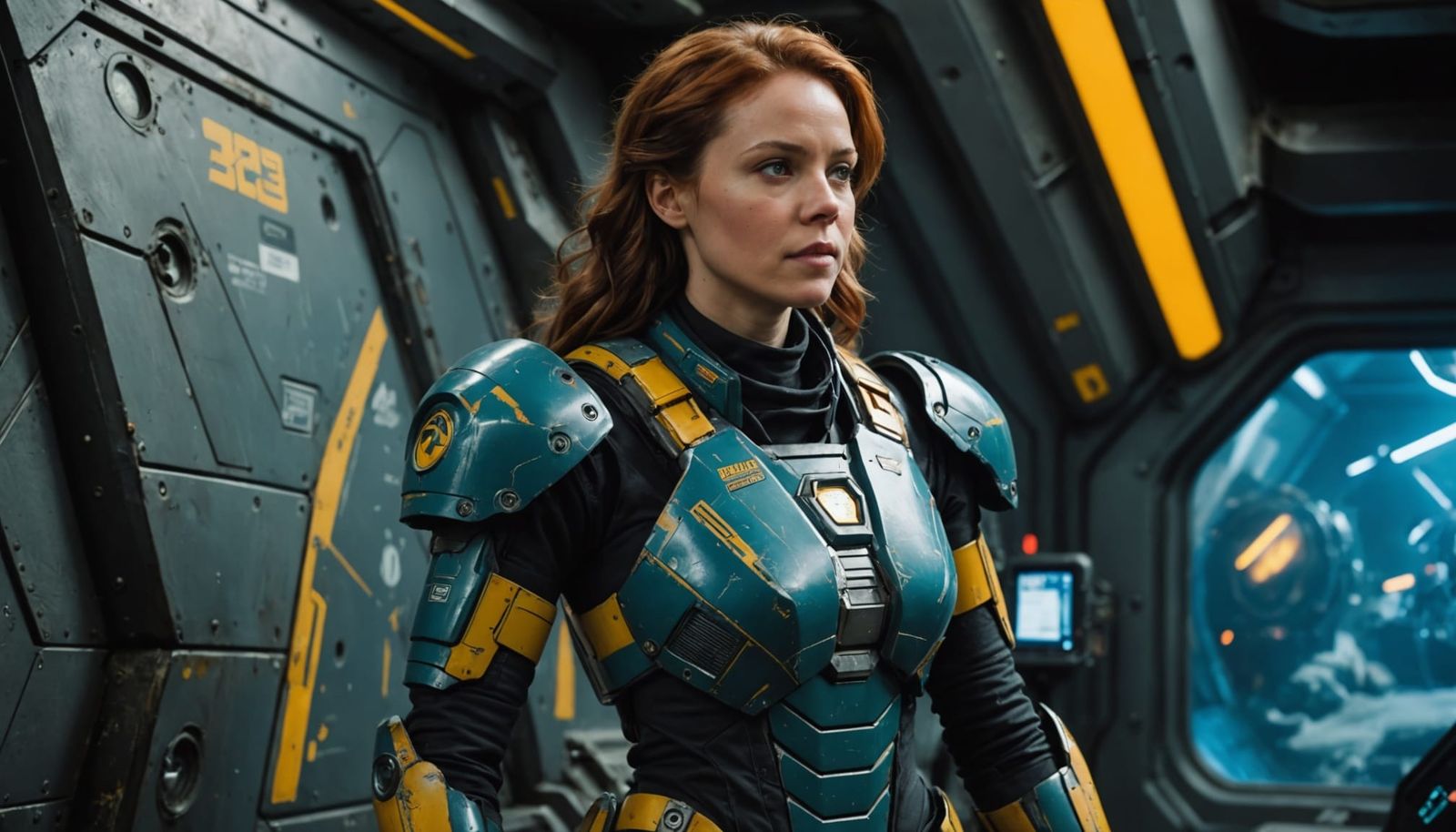 Sci-Fi Mechanic in Blue and Yellow Armor Leans on Starship