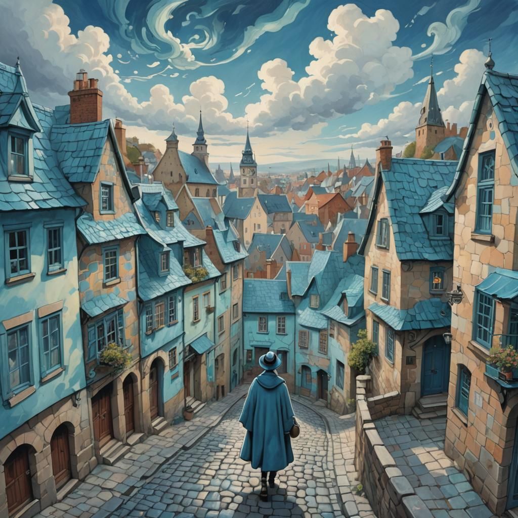 An illustration depicting a whimsical, cobblestone street lined with charming, old-style houses painted in hues of blues...