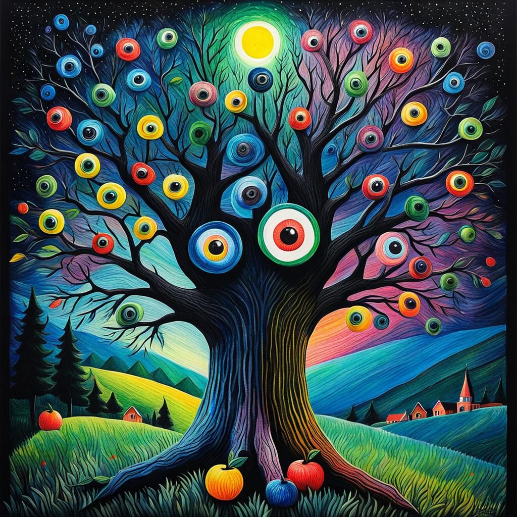 Googly Eye Tree: Crayon Art in Starry Night Style