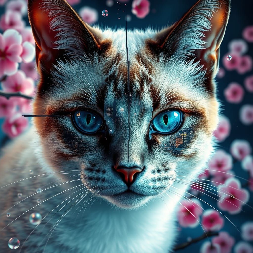 Fractured Siamese Cat: Glitch Art Nouveau Portrait