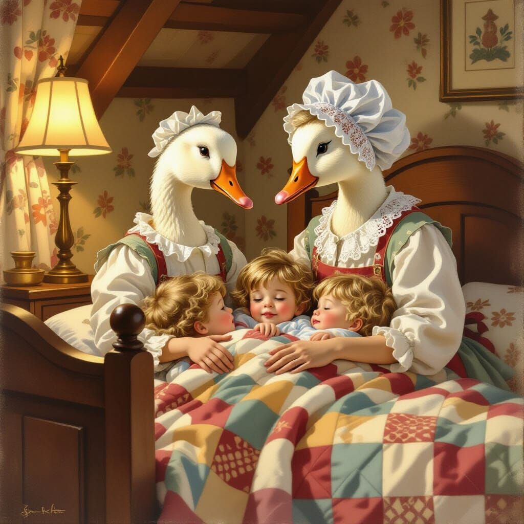 Mother Goose Observes Cozy Bedtime in Storybook Style