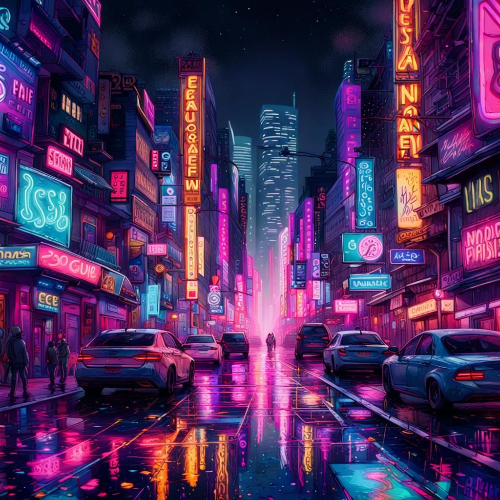 Neon City Street at Night in Ink Splatter Art