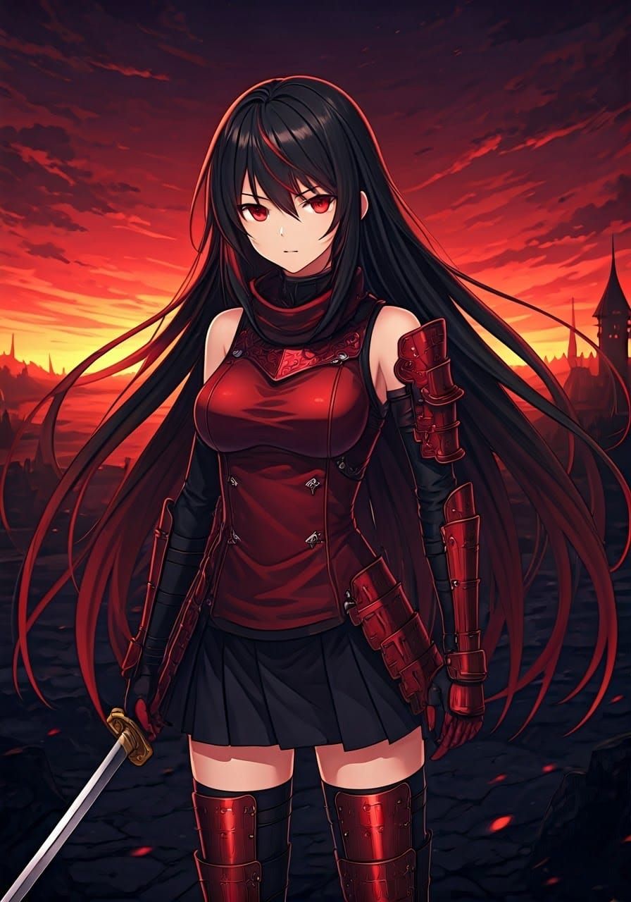 Anime Warrior Woman in Crimson Sunset