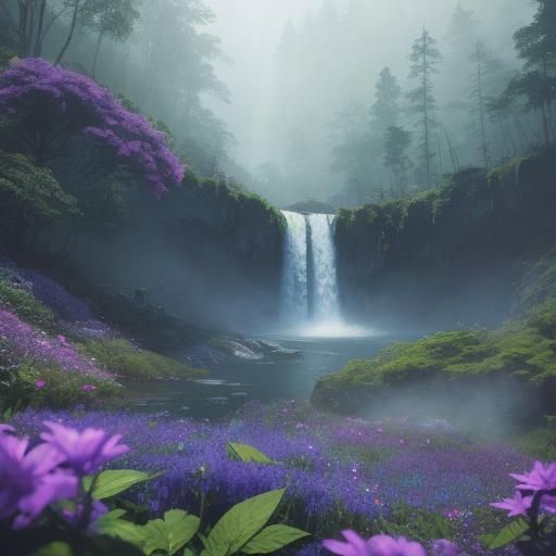 Lush Waterfall Forest in Vibrant Digital Painting Style