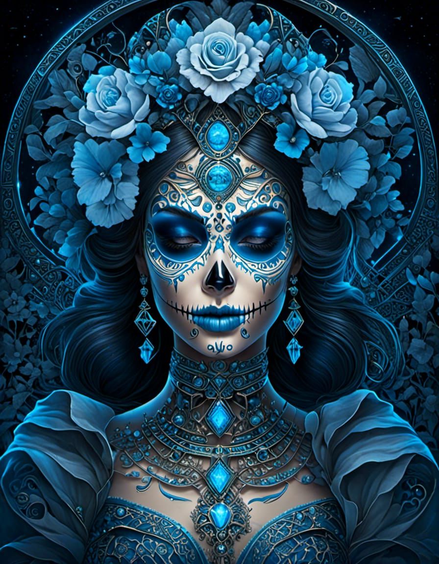 La Catrina Sugar Skull with Glowing Blue Runes