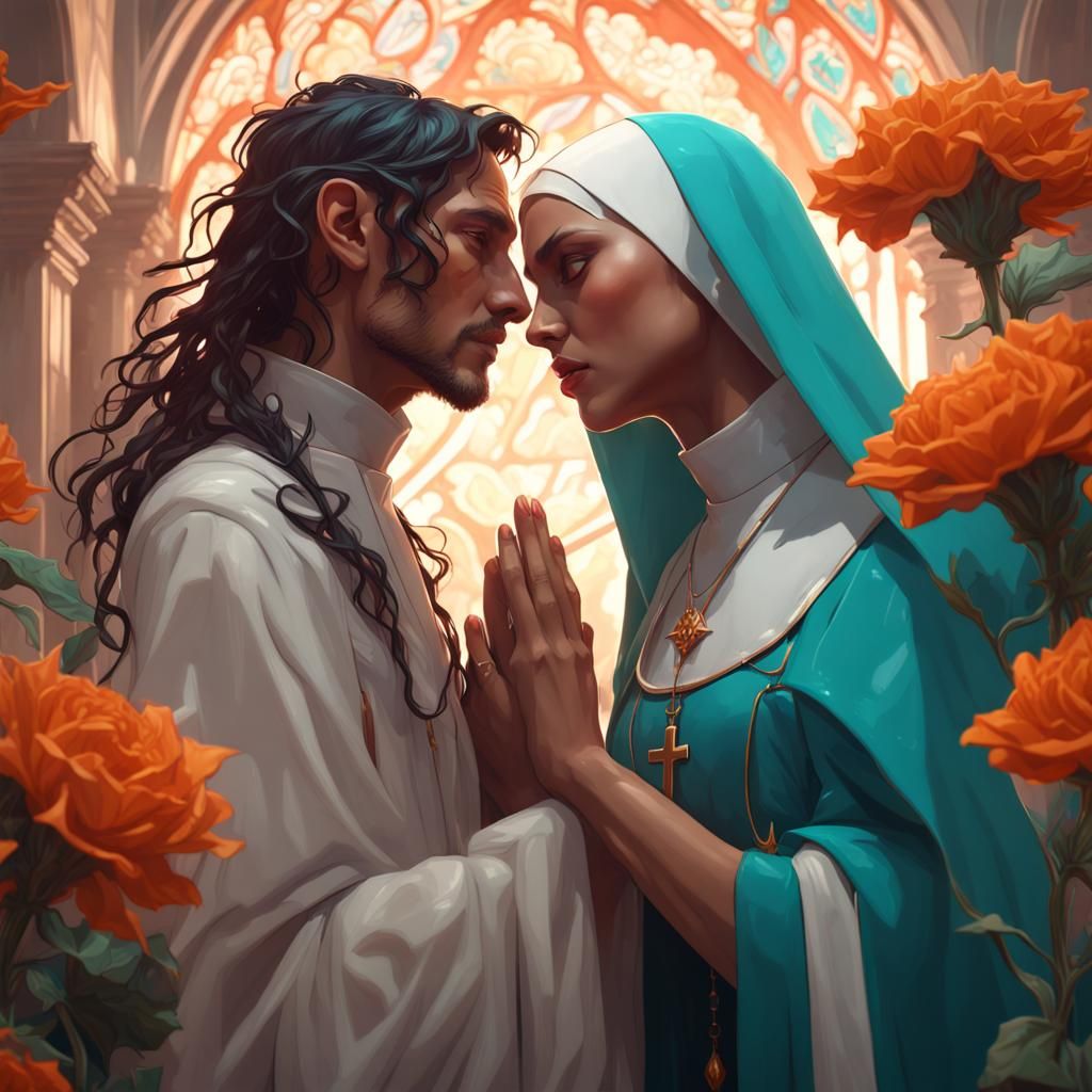 Exorcist Priest and Demon Nun in Love, Alphonse Mucha Style