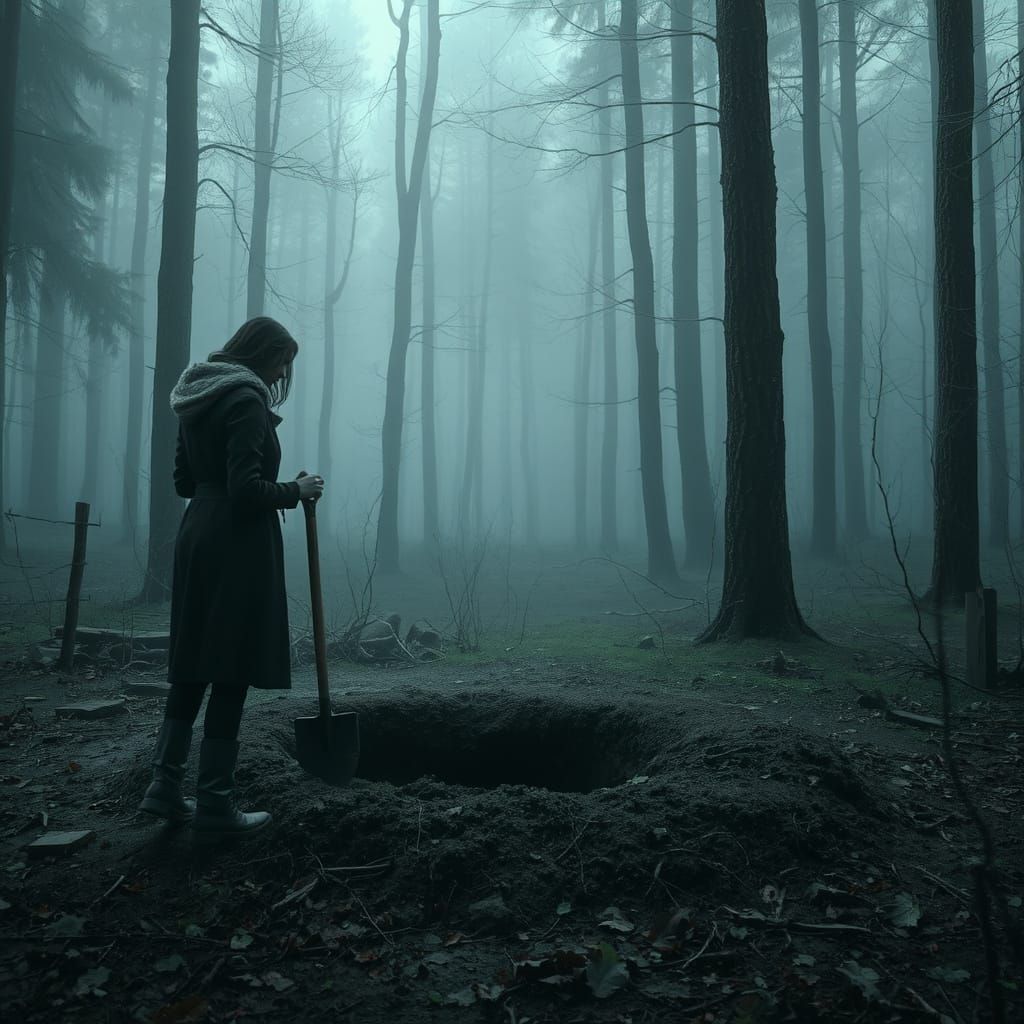 Woman Stares into a Dark Forest Grave in a Sinister Atmosphe...