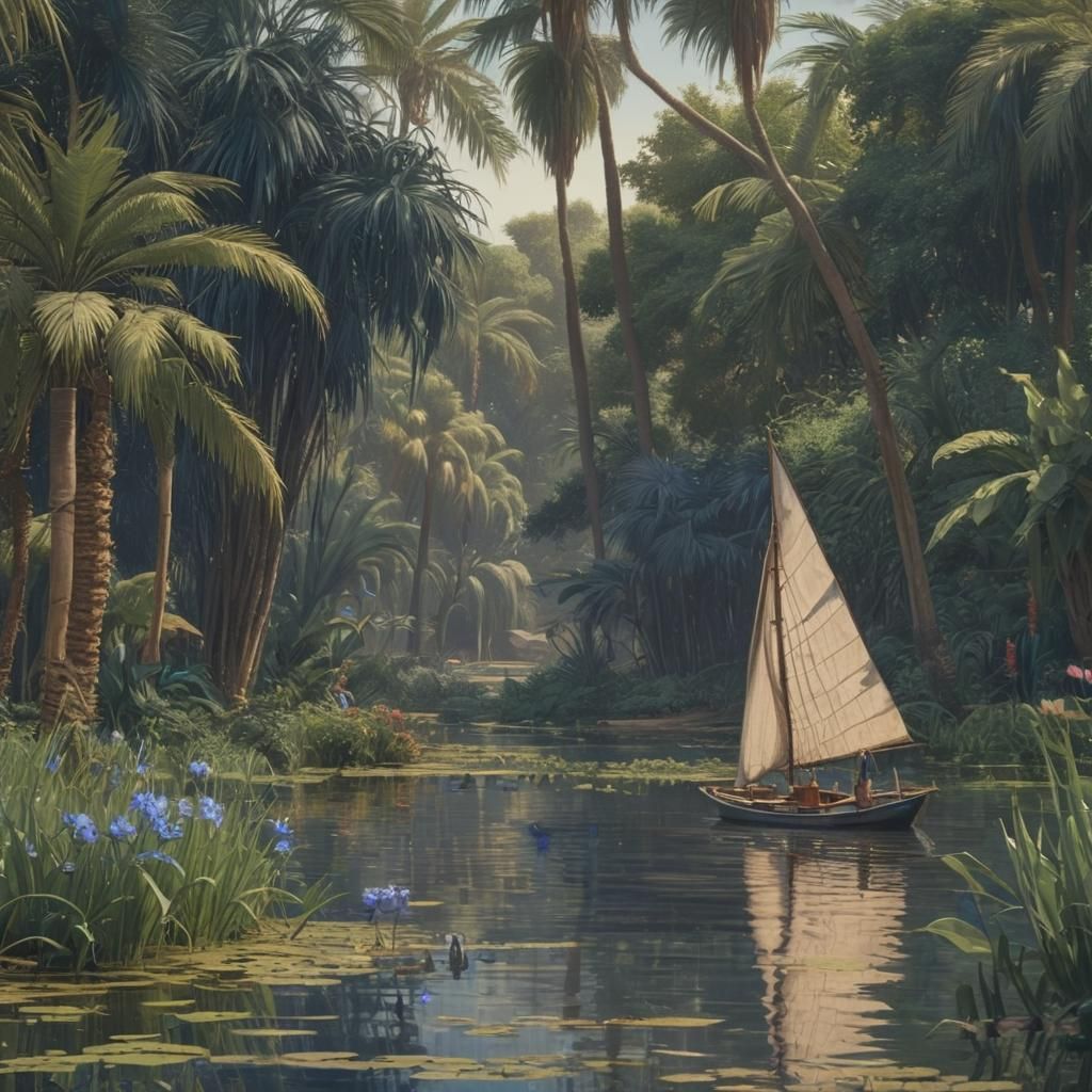 Ancient Egypt beautiful landscape Nile river, felucca wooden...