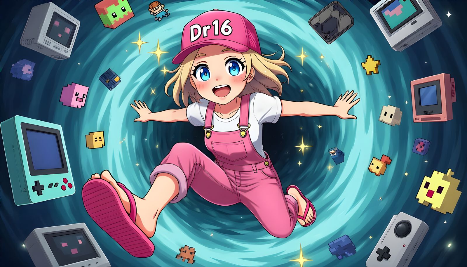 Anime Girl Falling Through Retro Game Vortex