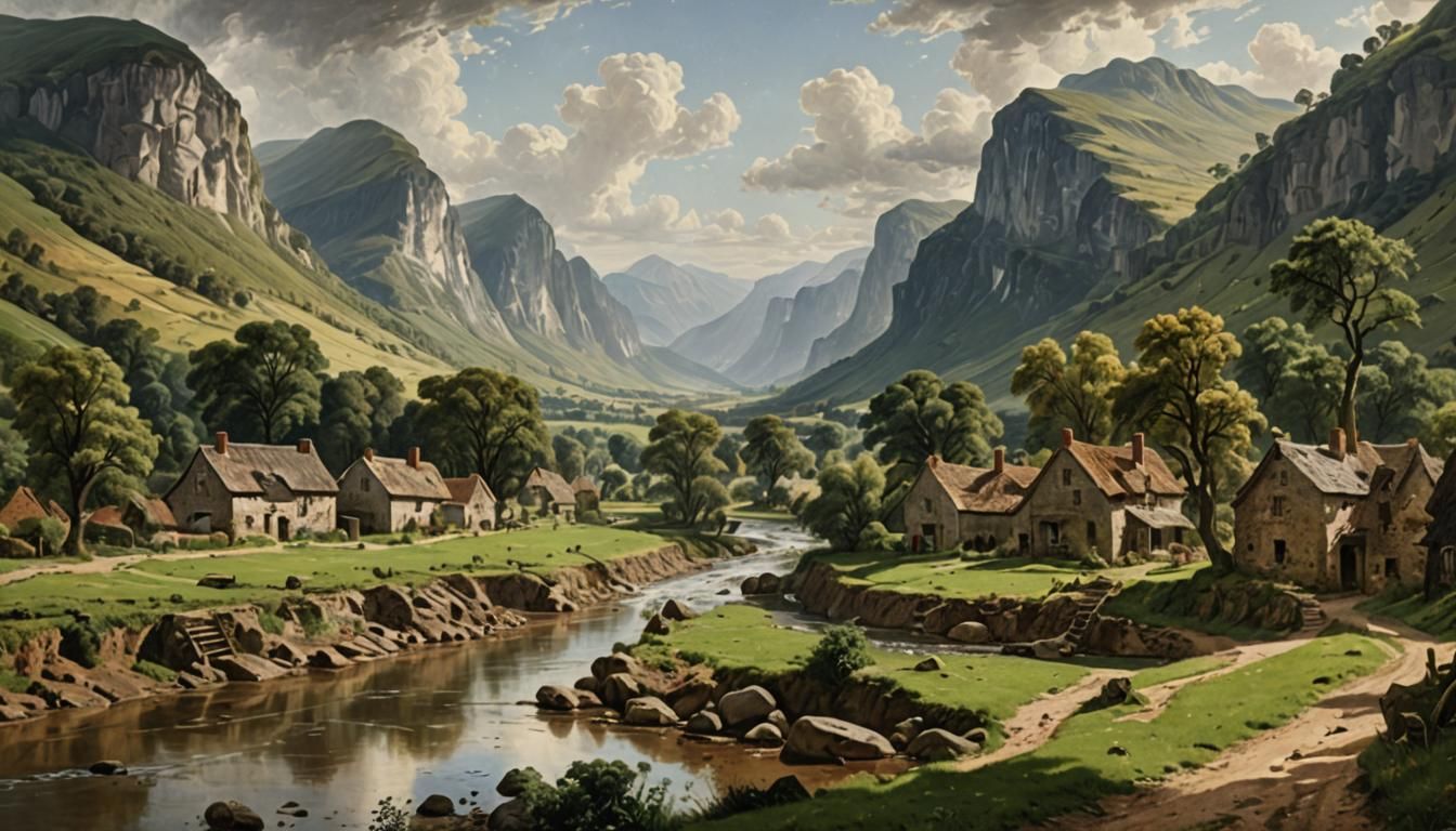 Mountain Valley Farmland in Colonial Style