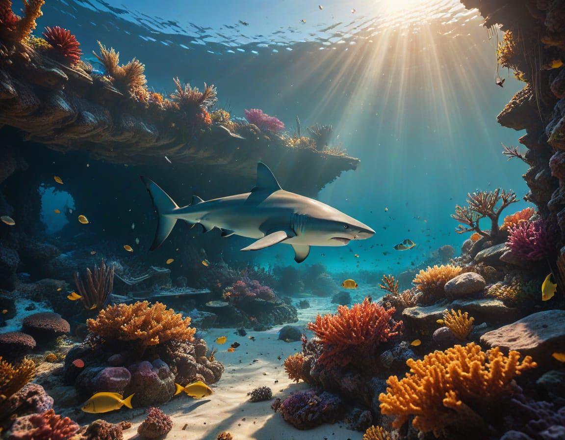 Reef Shark Emerges from Shipwreck in Coral Reef