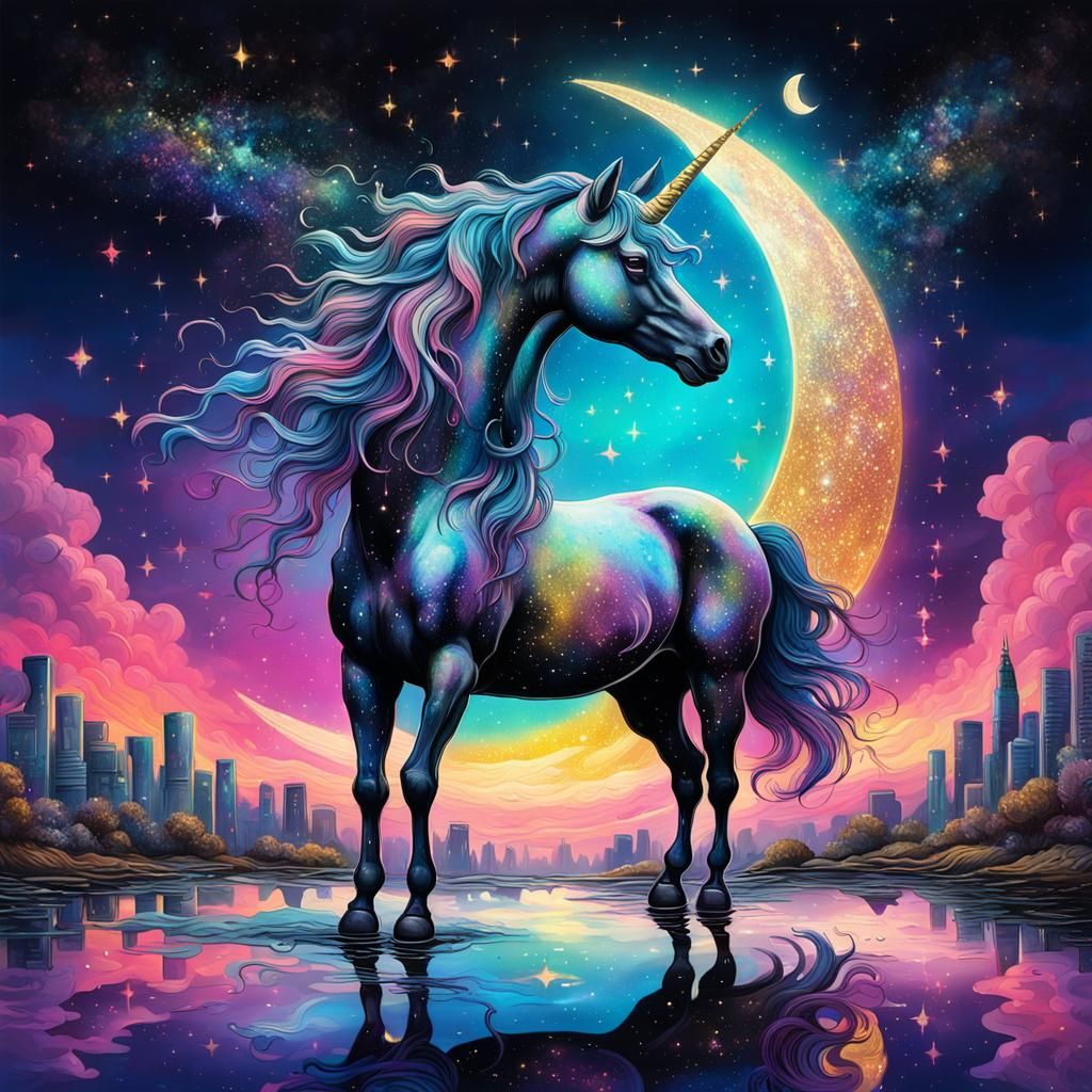 Crescent Moon Unicorn in Glittery Sky: Graffiti Art