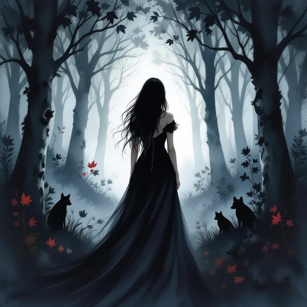 Dark Fantasy Woman in Sorrowful Forest: Watercolor Art