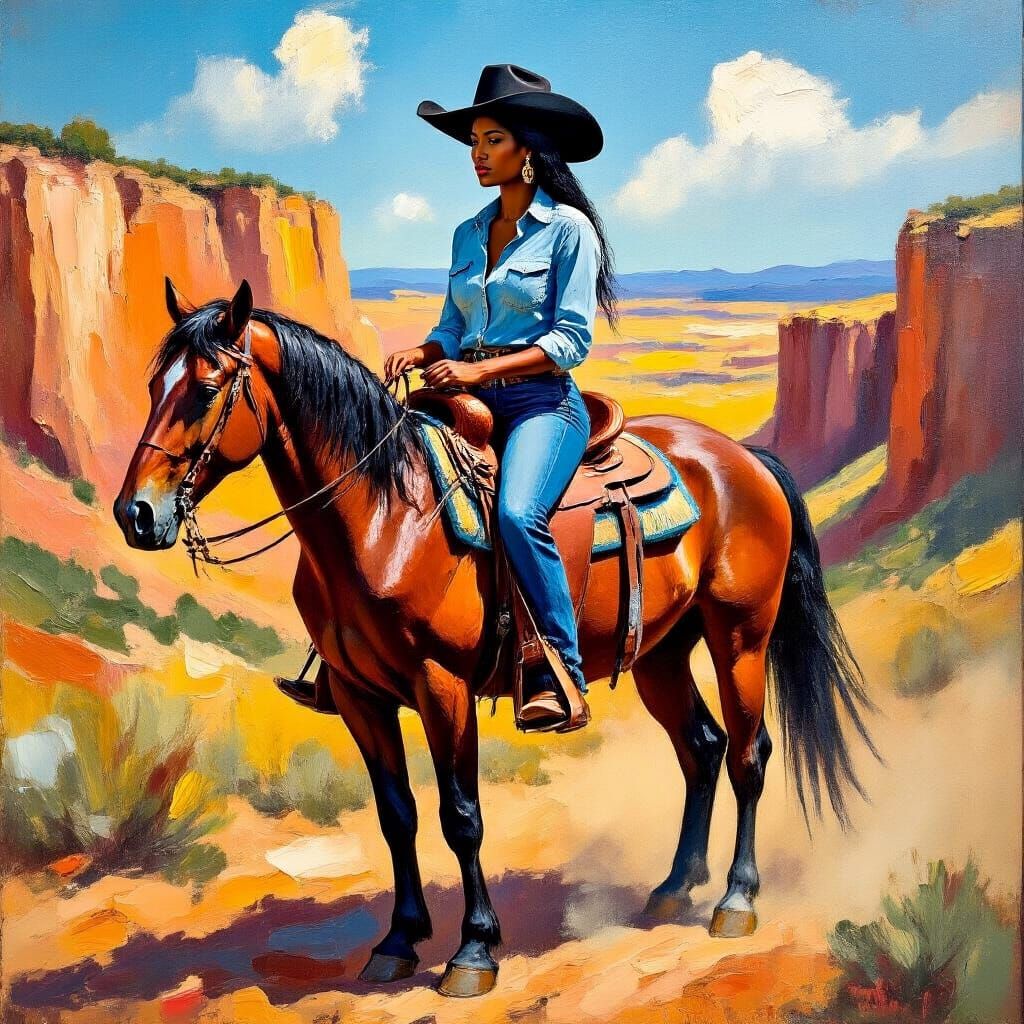 Impasto Painting of Woman Riding Horse in Desert