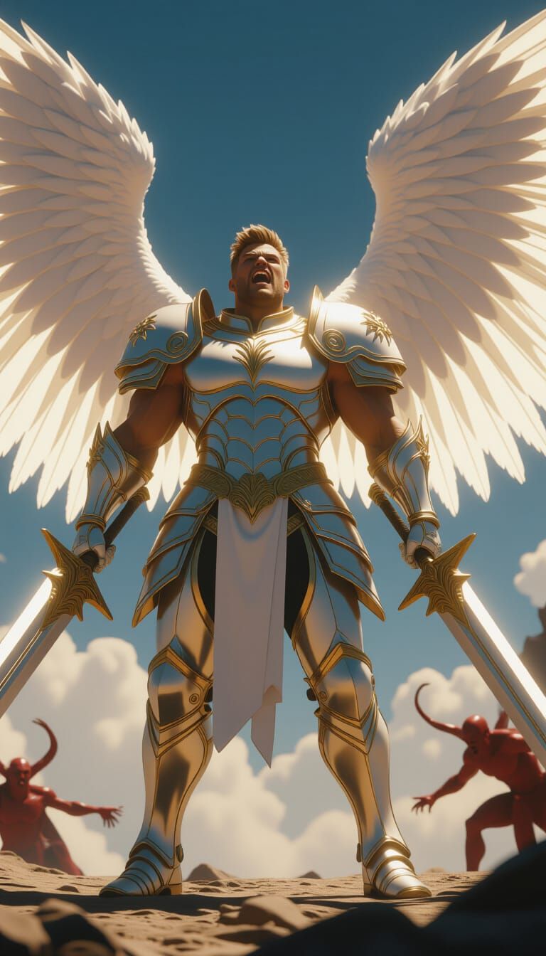 Angel in Futuristic Armor Fighting Demons