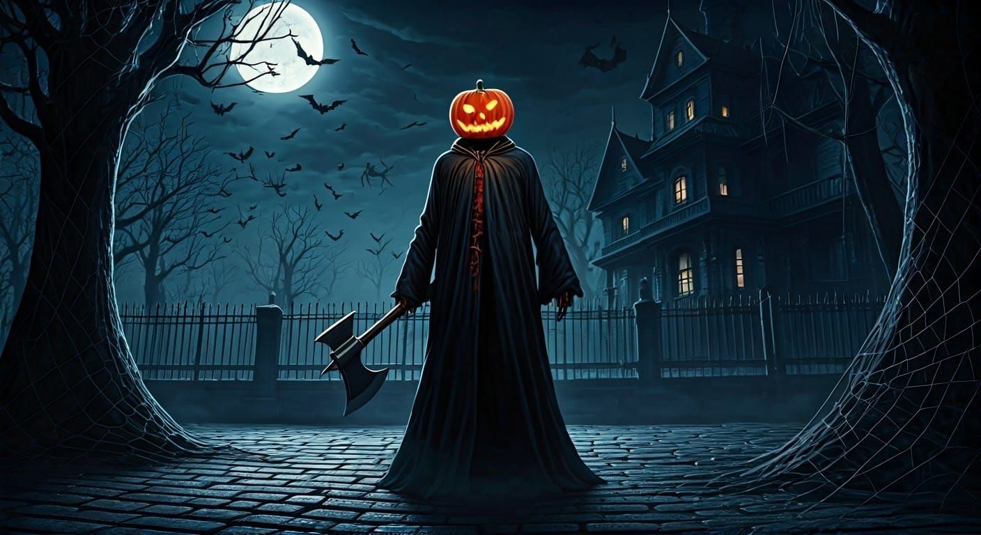 Jack O'Lantern Skeleton Walks by Haunted House