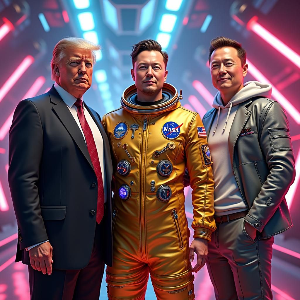 Donald J Trump, Elon Musk & Astronaut In Gold Space Suit.