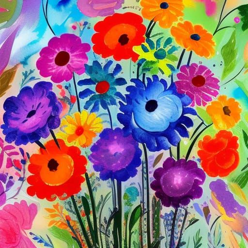 Rainbow Flower Bouquet in Gouache Watercolor Style