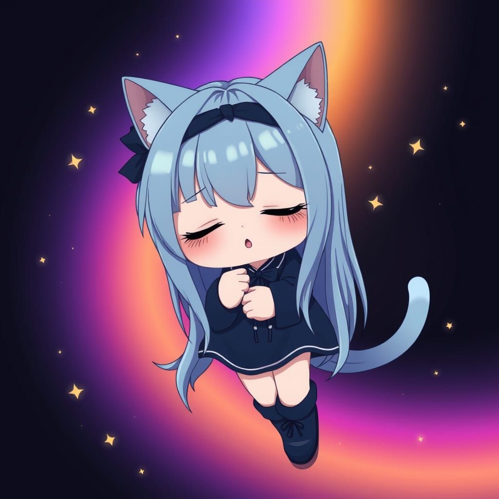 Anime Catgirl Sleeps in Rainbow Void: Synthwave Style