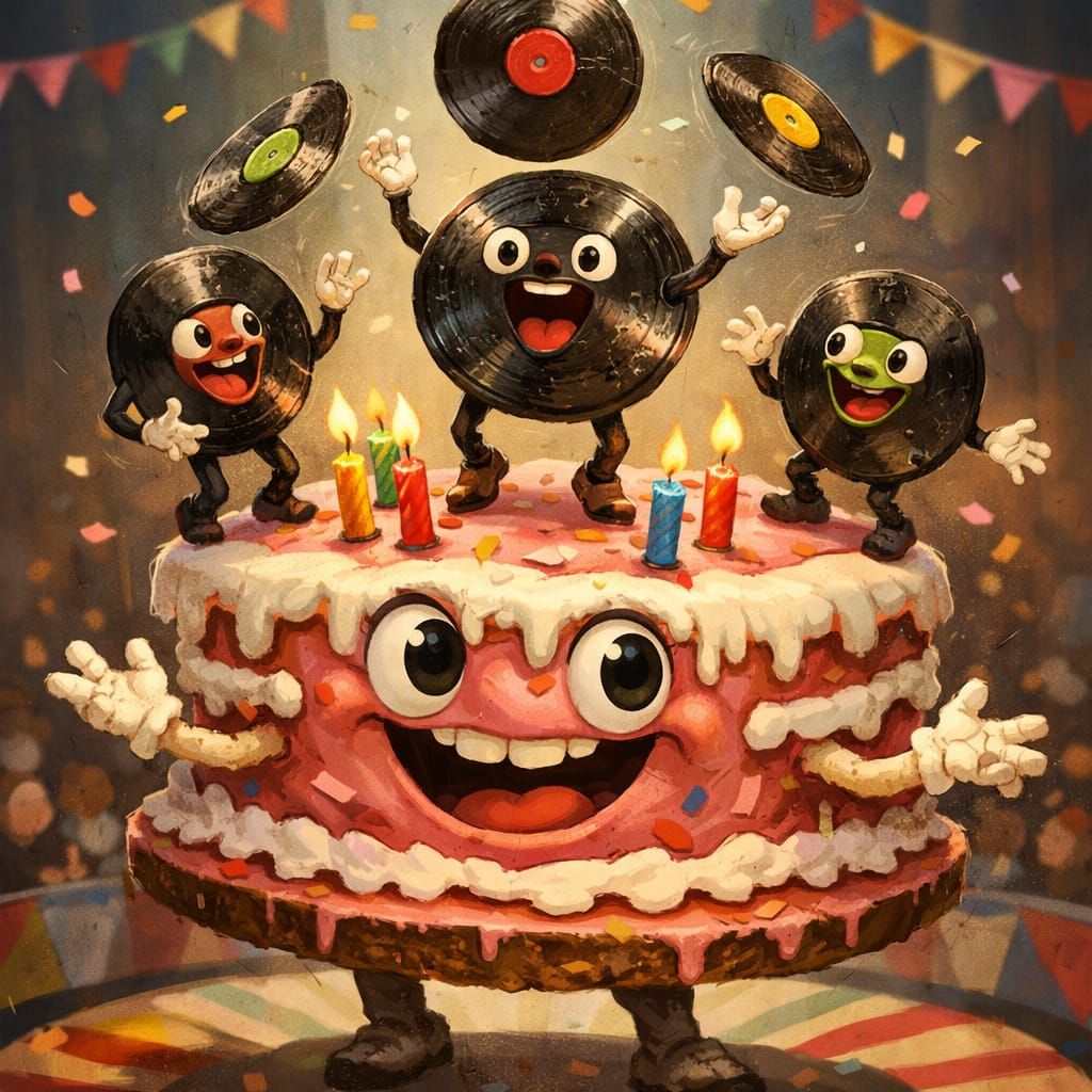 Frail old vinyl records, anthropomorphic, juggling on a giant anthropomorphic cake.