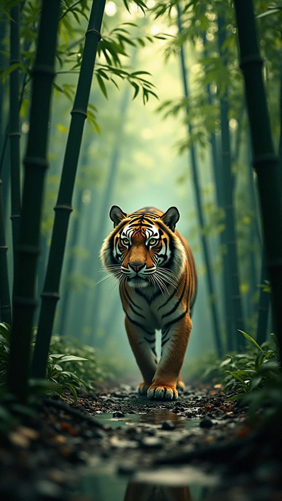 Tiger in Bamboo Forest: Asian Art Illustration