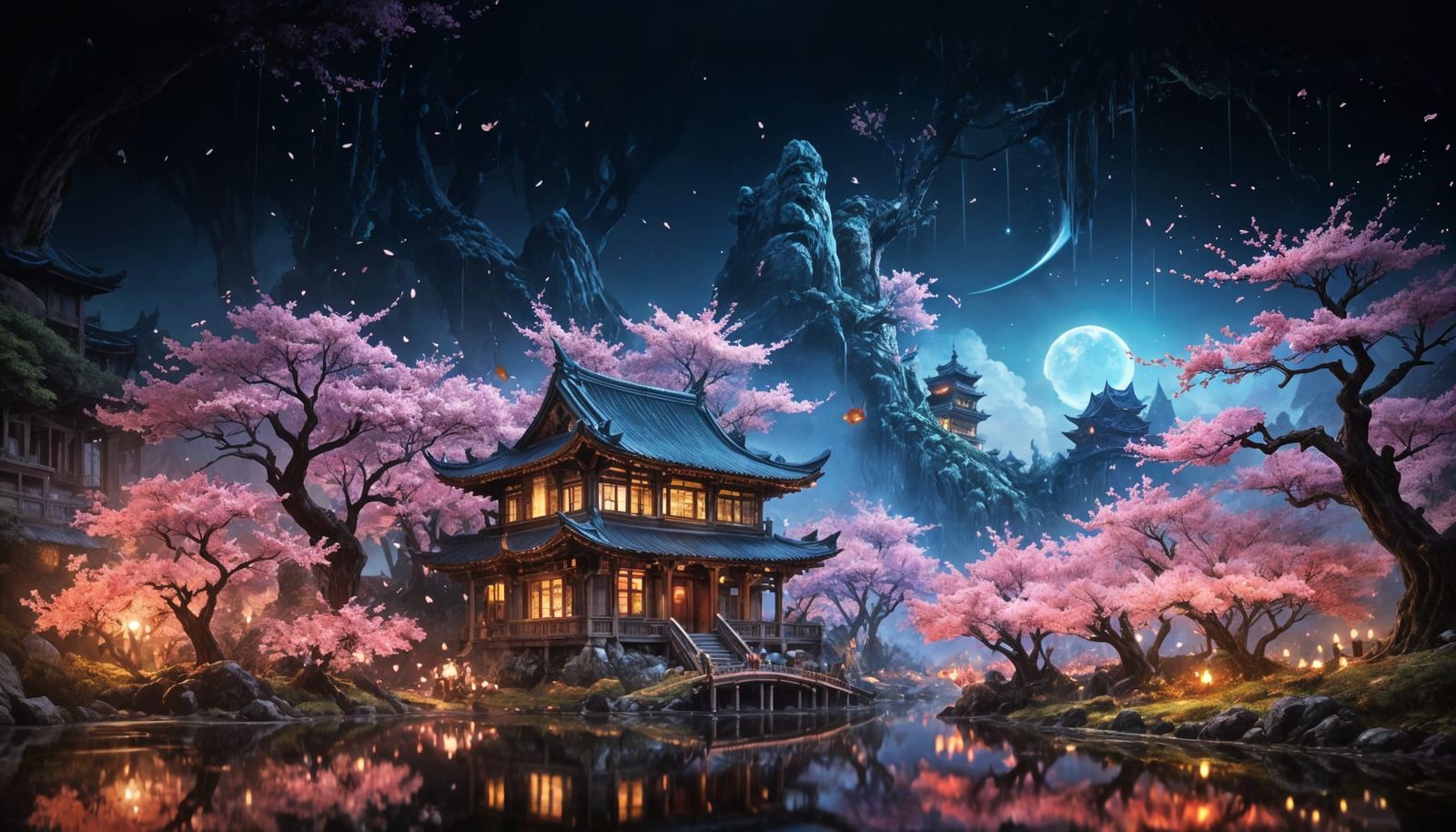 Fantasy Wooden Home Under Starlit Asian Skies
