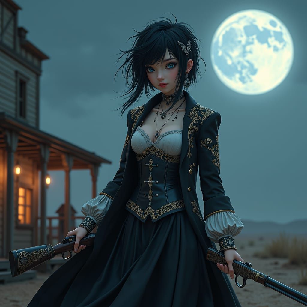 Gothic Victorian Cowgirl with Rifle in 3D Anime Art
