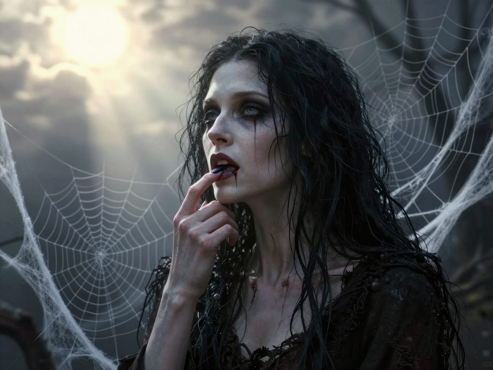 Pale Witch Ponders Doom with Bleeding Lip