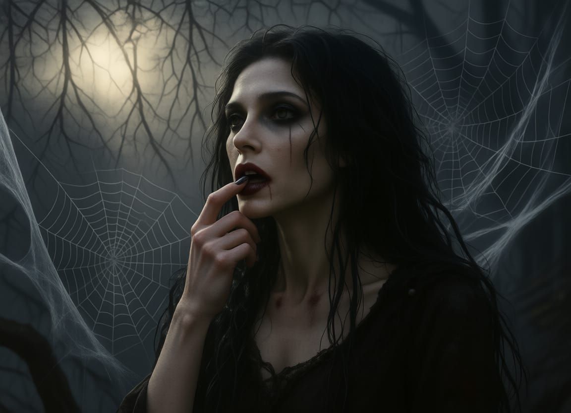 Pale Witch Contemplates Evil Amidst Spiderwebs