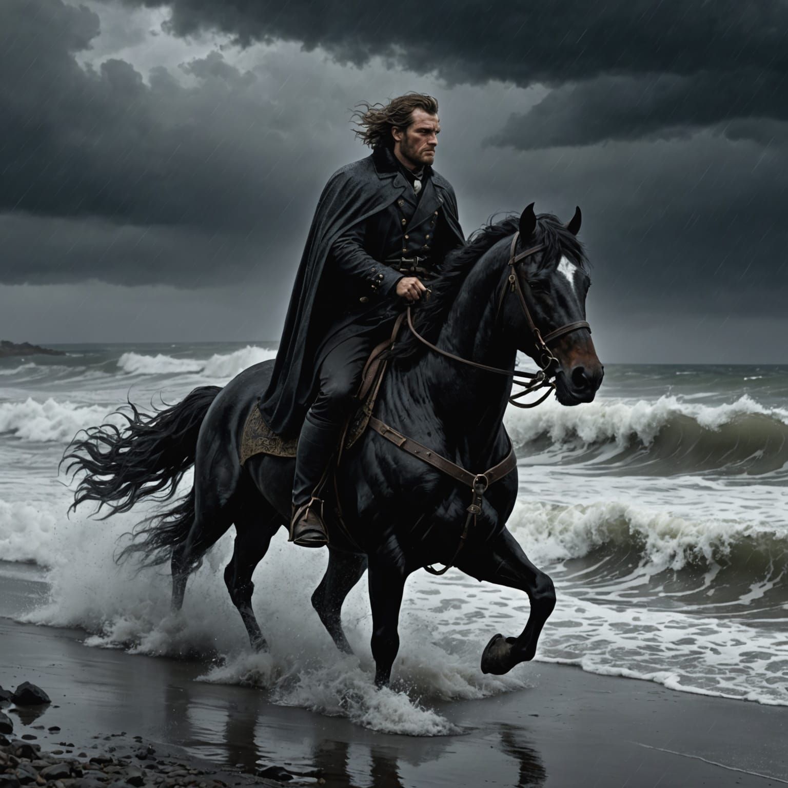 Dark Horse Gallops on Stormy Shoreline