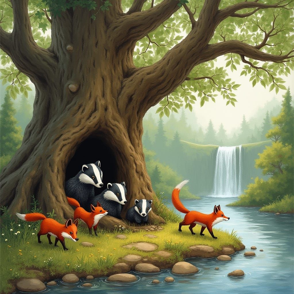 Cozy Badger Family in Ancient Oak Tree Home, Whimsical Fores...