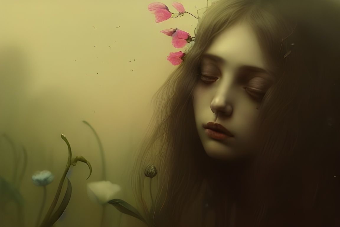 Sad Girl Turns Into Flowers: Macabre Portrait