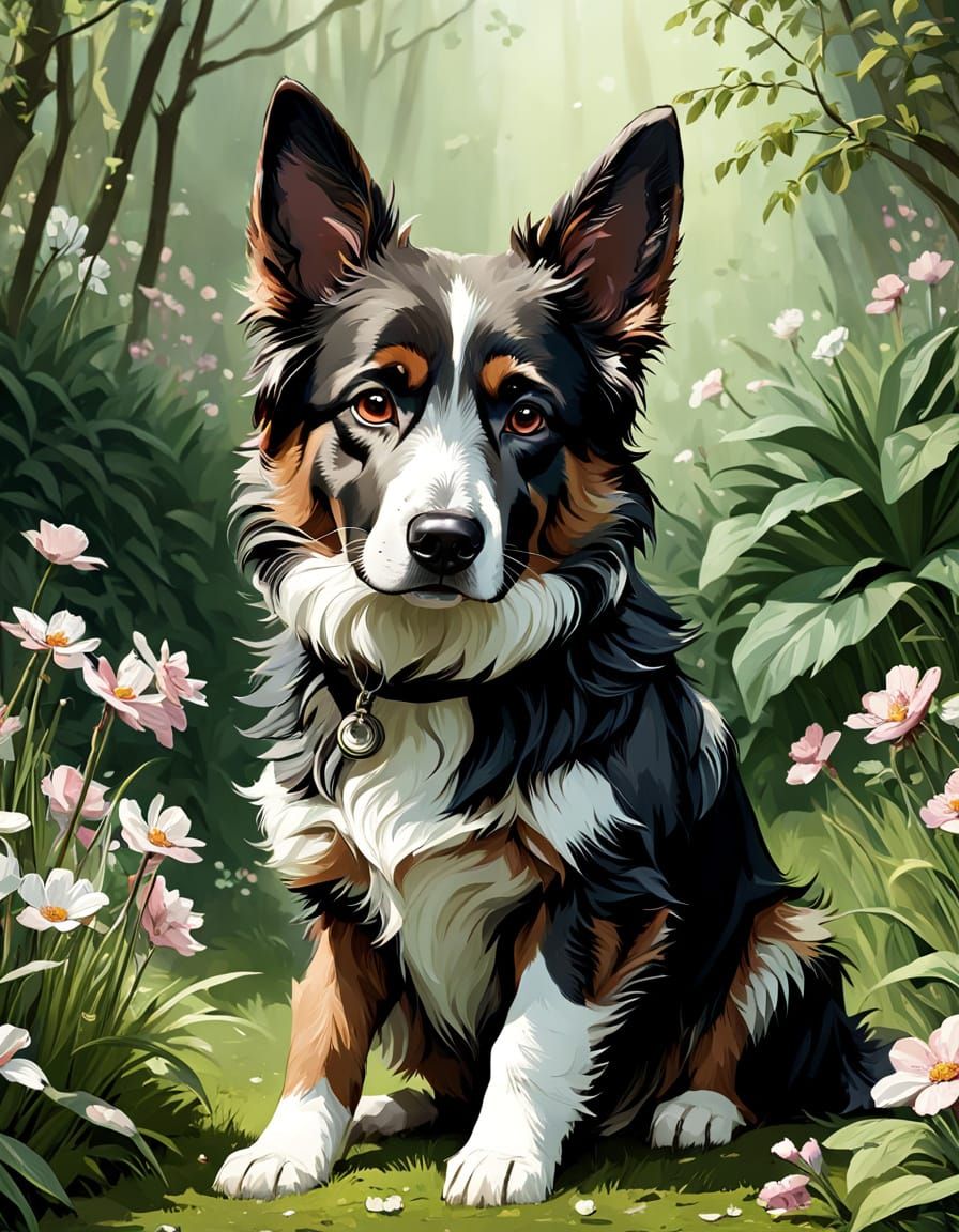 Whimsical German Shepherd Mix in Floral Spring Attire