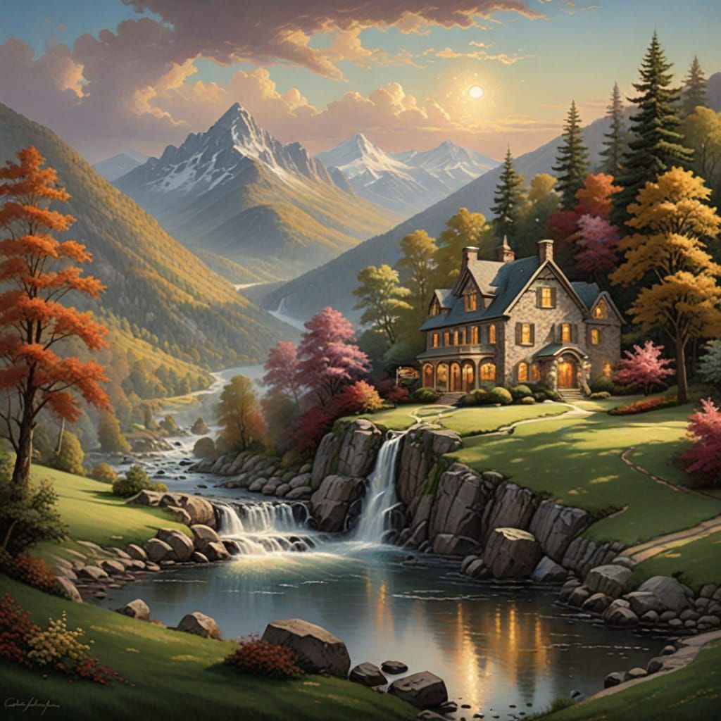 Majestic White Stone Mansion Amidst Rolling Mountains and Vi...