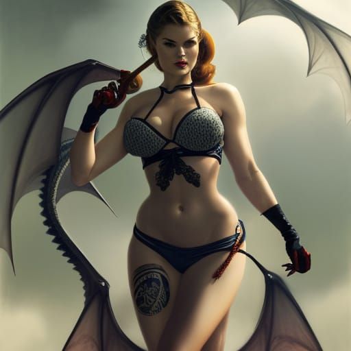 Kimono Pin-Up Girl Riding a Dragon