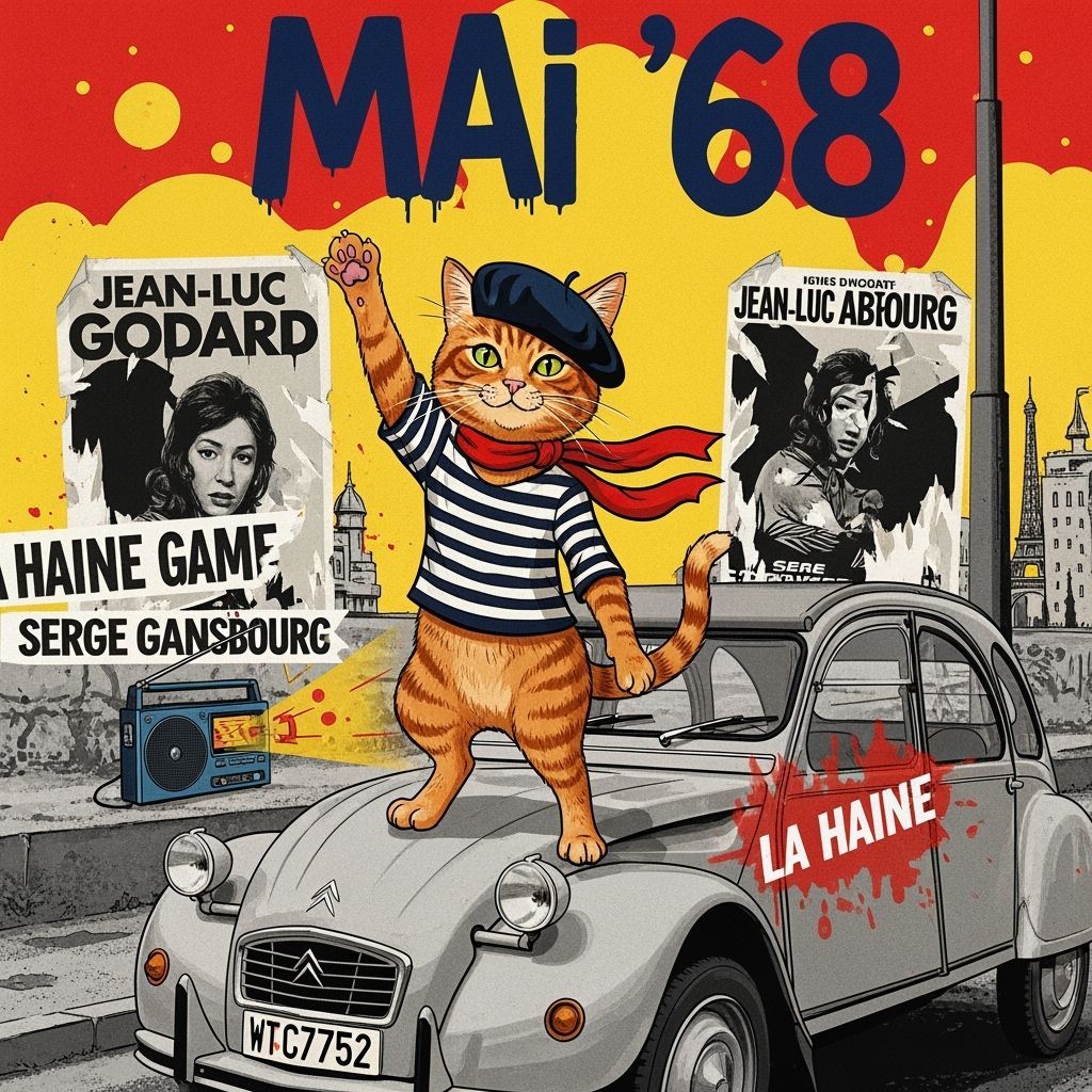 French Cat on Citroën Car in 1960s Pop Art Style