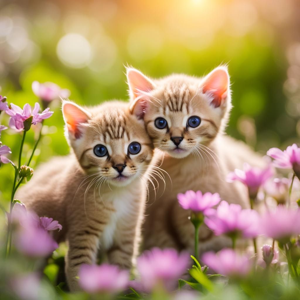Burmese Kittens Playing in Flowers, Professional Photography