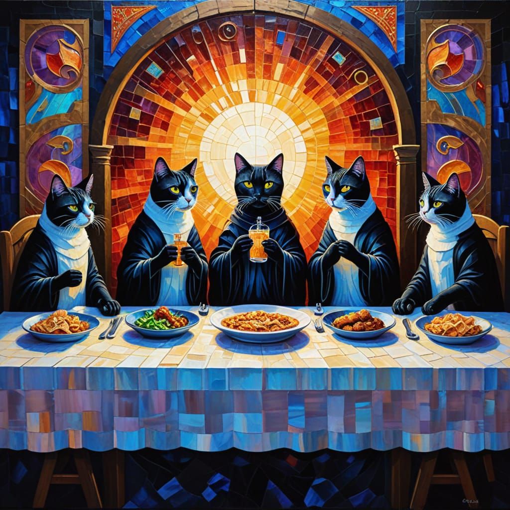 Iridescent Stained Glass Cats at Last Supper
