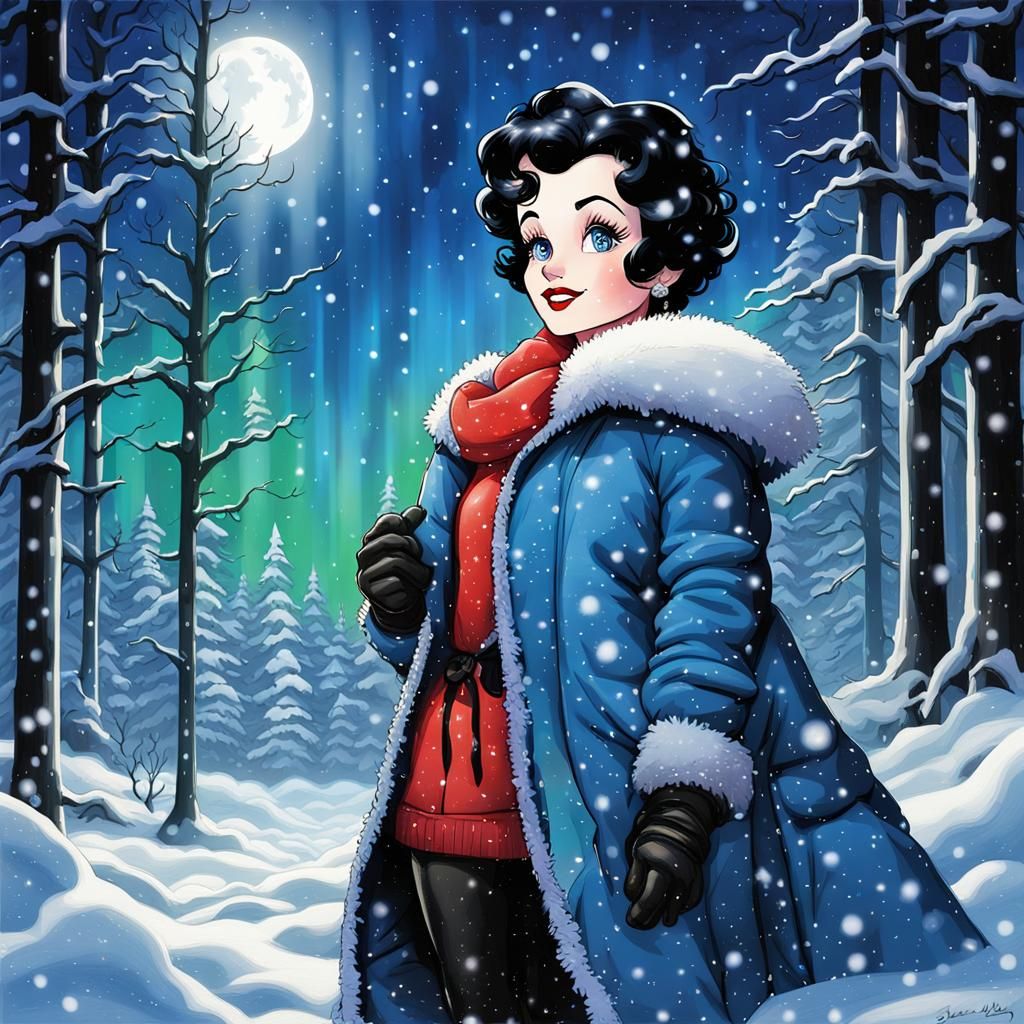 Betty Boop in Snowy Forest Under Northern Lights
