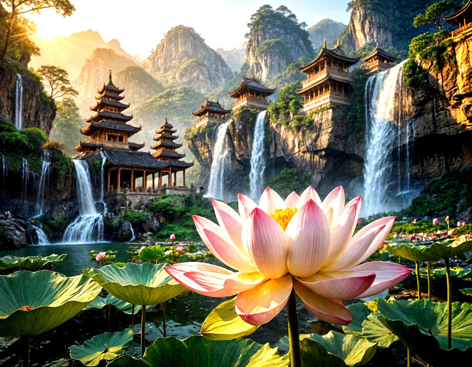 Surreal Lotus Blooms on Snow-Capped Mountain in Photorealist...