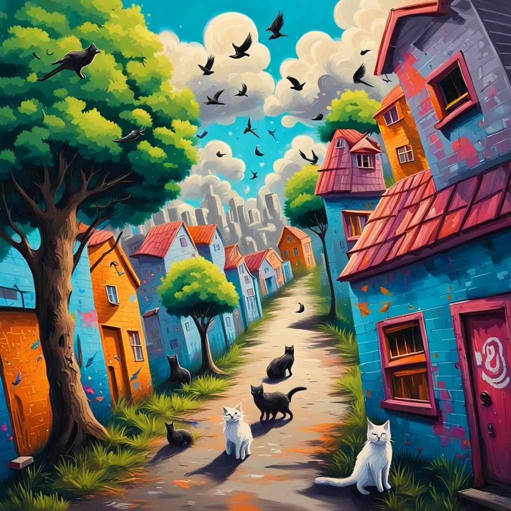 Cats in a Floating Village Graffiti Art
