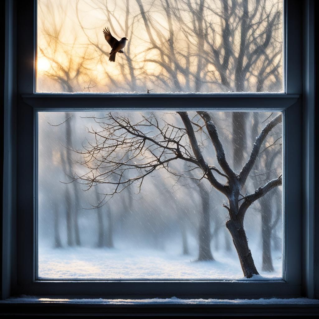 Winter Tree Branch Through Window in Hyperrealism