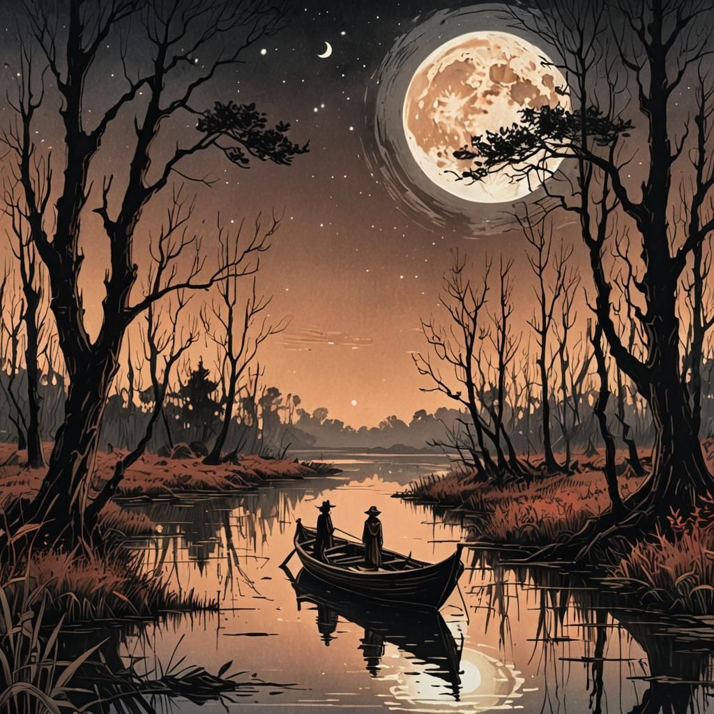 Surreal Ghost in Moonlit Swamp: Inkpunk Illustration