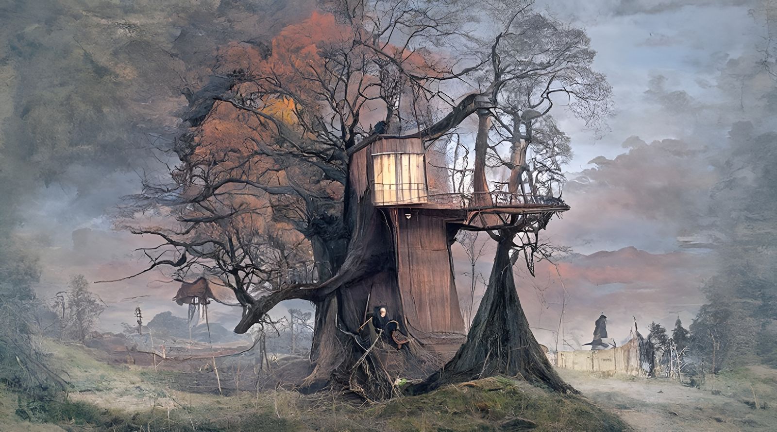 Elvish Treehouse in Autumn Light: Romanticist Painting
