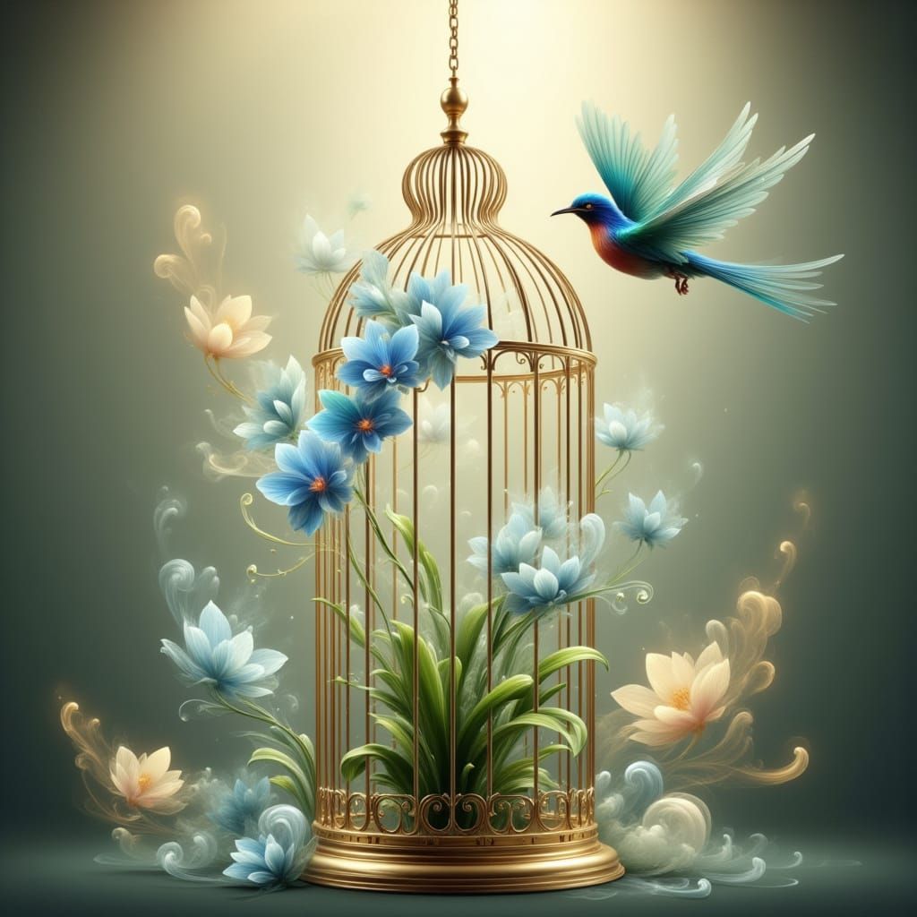 Blue Orchid in Golden Cage with Flying Bird in Ethereal Gree...